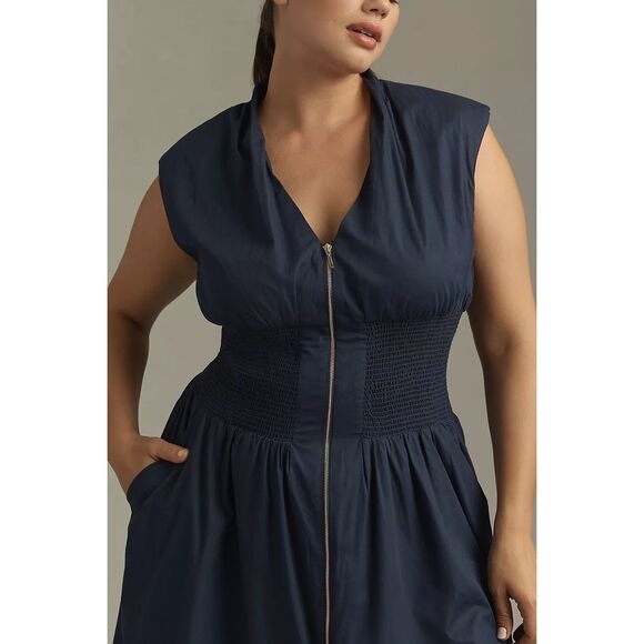 Anthropologie The Tommie Zip-Front Midi Dress Maeve Navy XS NEW - Picture 6 of 10